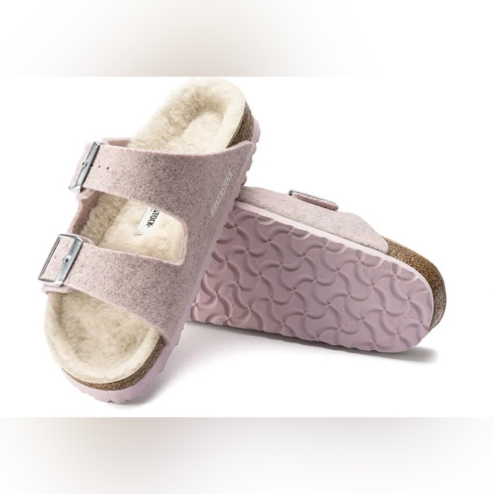 Birkenstock Arizona Rivet Shearling Wool Felt Sandals Soft Pink 36 - Picture 2 of 7